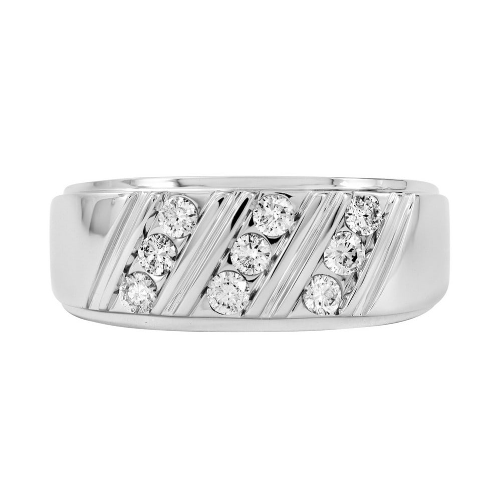 18kt White Gold .46ct Diamond Men's Band: Gold Content: 18kt White Gold Size (US): 10 Gold Weight in gram (approximate): 5.80 Shape of Diamonds: Round # of diamonds Including Center: 9 Size Range of Diamonds: 0.053-0.056ct Color Range :