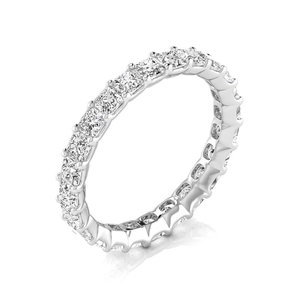 18kt White Gold Princess cut 2.16ct Diamond Eternity band: Gold Content: 18kt White Gold Size (US): 7 Gold Weight in gram (approximate): 2.53 Shape of Diamonds: Princess # of diamonds Including Center: 24 Size Range of Diamonds: 0.09-0.10ct Color Range