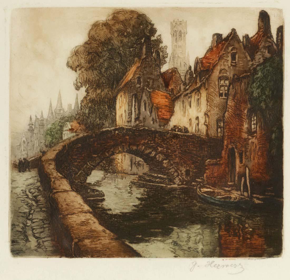 Jacques Hervens. 1890 - 1928 - Alte Brücke - ...: Jacques Hervens. 1890 - 1928 - Alte Brücke - Farbradierung/Papier. 16,5 x 17,8 cm, 40 x 30,7 cm. Sign. r. u.: J. Hervens. Rückseitig auf Sammlungsetikett bezeichnet. Unter Glas gerahmt. Unge