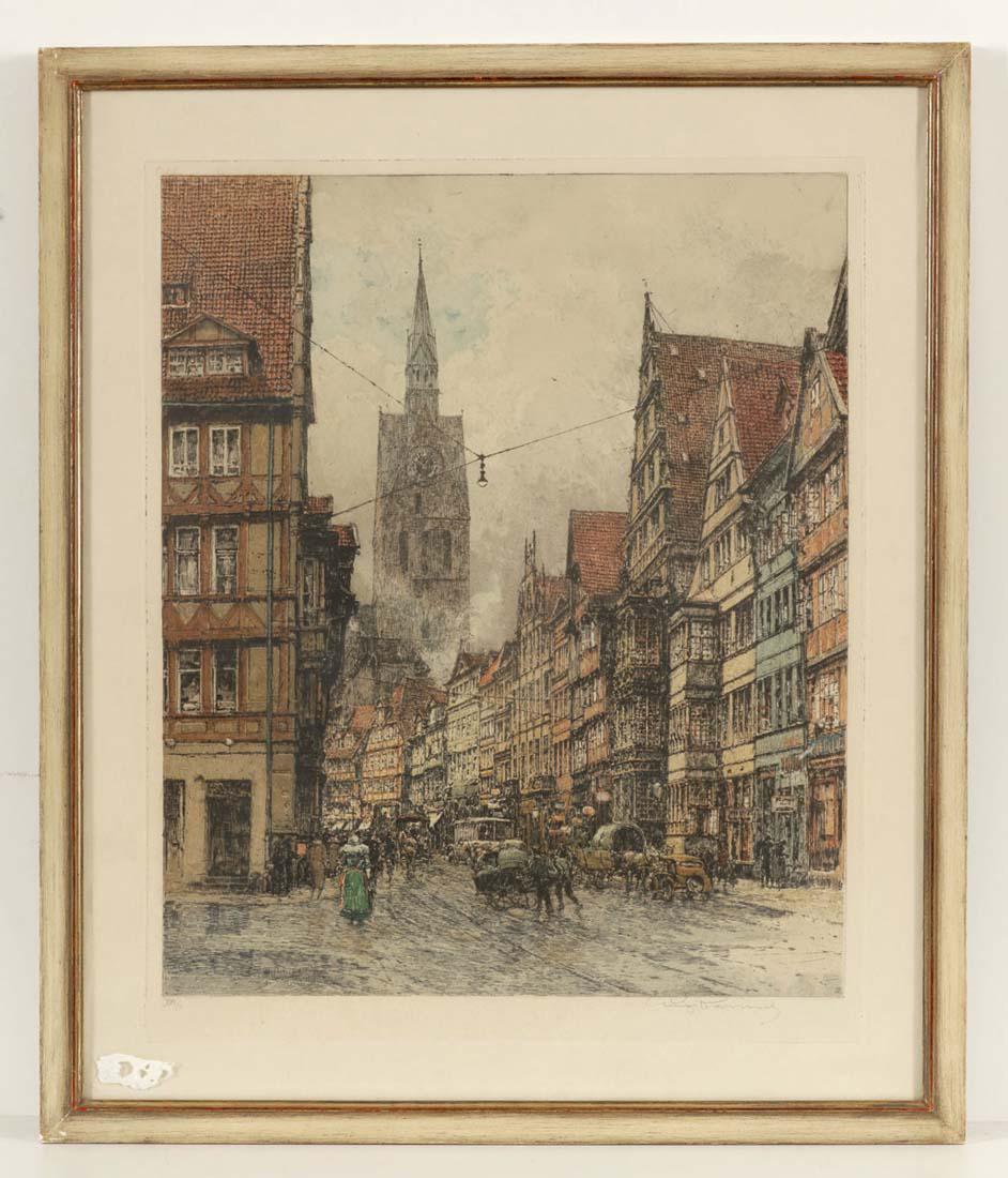 Luigi Kasimir. 1881 Pettau - 1962 Wien - Hann...: Luigi Kasimir. 1881 Pettau - 1962 Wien - Hannover - Schmiedestraße - Farbradierung/Papier. XVII/L. 52,5 x 42,5 cm, 60 x 50 cm. Sign. r. u.: Luigi Kasimir. Rückseitig auf zwei Sammlungsetiket