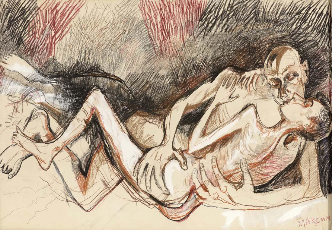 Maxim Kantor. 1957 Moskau - 'Nacht in Kopenha...: Maxim Kantor. 1957 Moskau - 'Nacht in Kopenhagen' - Mischtechnik/Papier. 69 x 99,2 cm. Sign. r. u.: Maxim (kyrillisch). Rückseitig bez. u.a.: Maxim Kantor / Night in Kobenhagen / 1992. Voll ansic