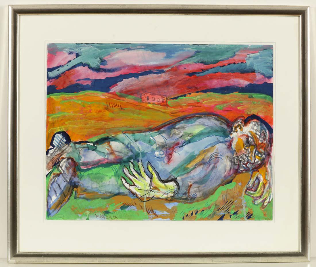 Maxim Kantor. 1957 Moskau - 'Mann in der Land...: Maxim Kantor. 1957 Moskau - 'Mann in der Landschaft' - Mischtechnik. 49,5 x 64 cm. Sign. M. u.: Maxim (kyrillisch). Rückseitig bez.: 'Man in the Landscape' / 1994. Voll ansichtig unter Glas gerah