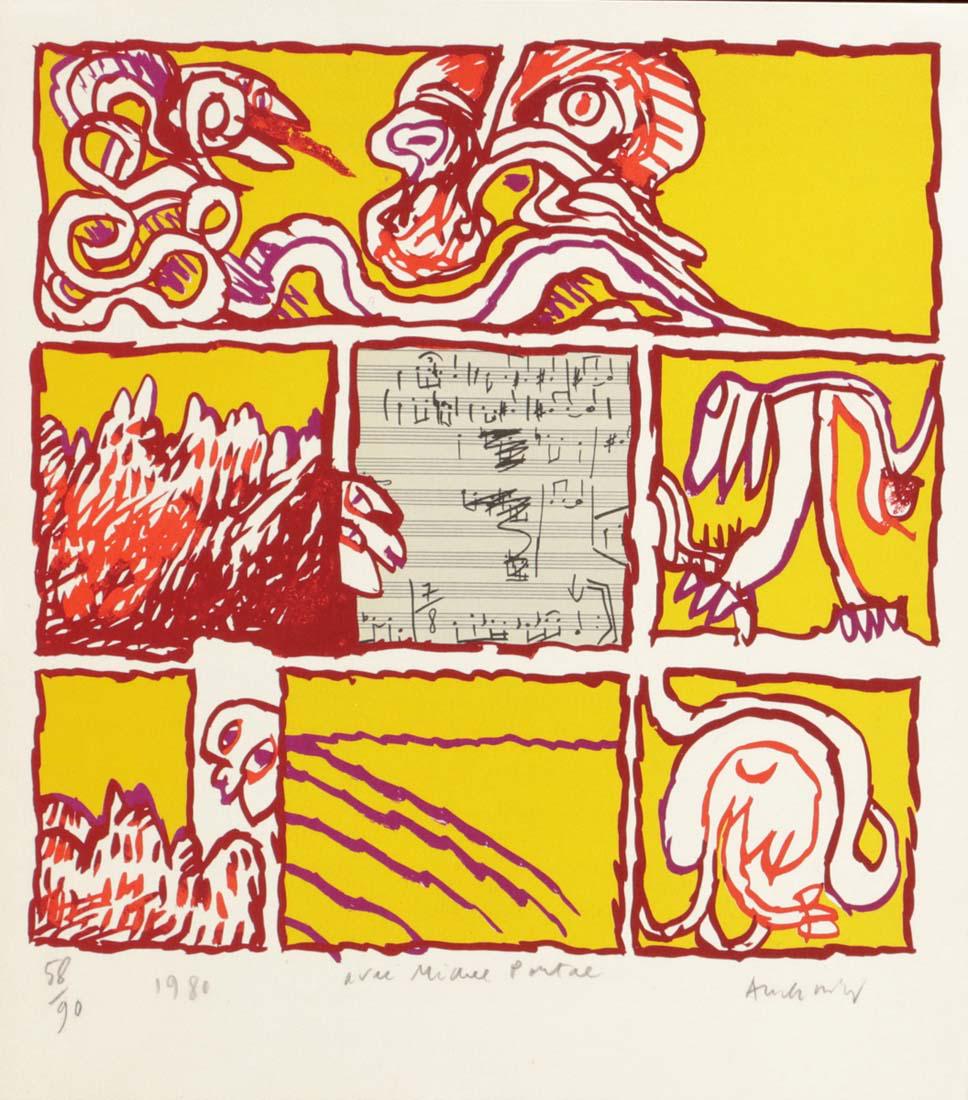 Pierre Alechinsky. 1927 Brüssel - lebt in Bou...: Pierre Alechinsky. 1927 Brüssel - lebt in Bouvigal - 'Avec Michel Portal' - Farblithografie/Papier. 58/90. 30,5 x 30,5 cm, 36,7 x 32,8 cm. Sign. r. u.: Alechinsky. Dat. l. u.: 1980. Das Blatt lie