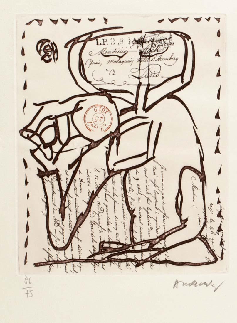 Pierre Alechinsky. 1927 Brüssel - lebt in Bou...: Pierre Alechinsky. 1927 Brüssel - lebt in Bouvigal - 'Monsieur Stock...' - Farbradierung/Papier. 36/75. 24,7 x 20,2 cm, 49,8 x 39,7 cm. Sign. r. u.: Alechinsky. Das Blatt liegt lose. Griffknicke.