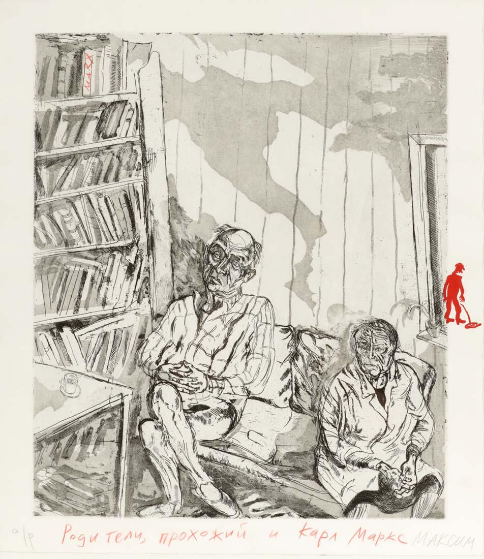 Maxim Kantor. 1957 Moskau - 'Die Eltern, ein ...: Maxim Kantor. 1957 Moskau - 'Die Eltern, ein Passant und Karl Marx' (aus: Ödland. Ein Atlas) - Radierung, Aquatinta und Hochdruck/Bütten. a/p. 55,3 x 47,3 cm, 63 x 55 cm. Sign. r. u.: Maxim