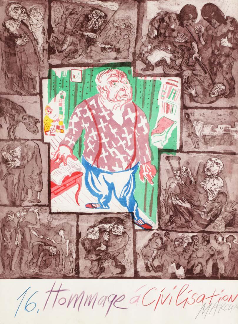 Maxim Kantor. 1957 Moskau - 'Hommage an die Z...: Maxim Kantor. 1957 Moskau - 'Hommage an die Zivilisation' (Hommage á Civilisation, Blatt 16 aus: Metropolis. Atlas) - Farbradierung/Papier. 76,4 x 57 cm (Blattmaß). Sign. r. u.: Maxim (kyril