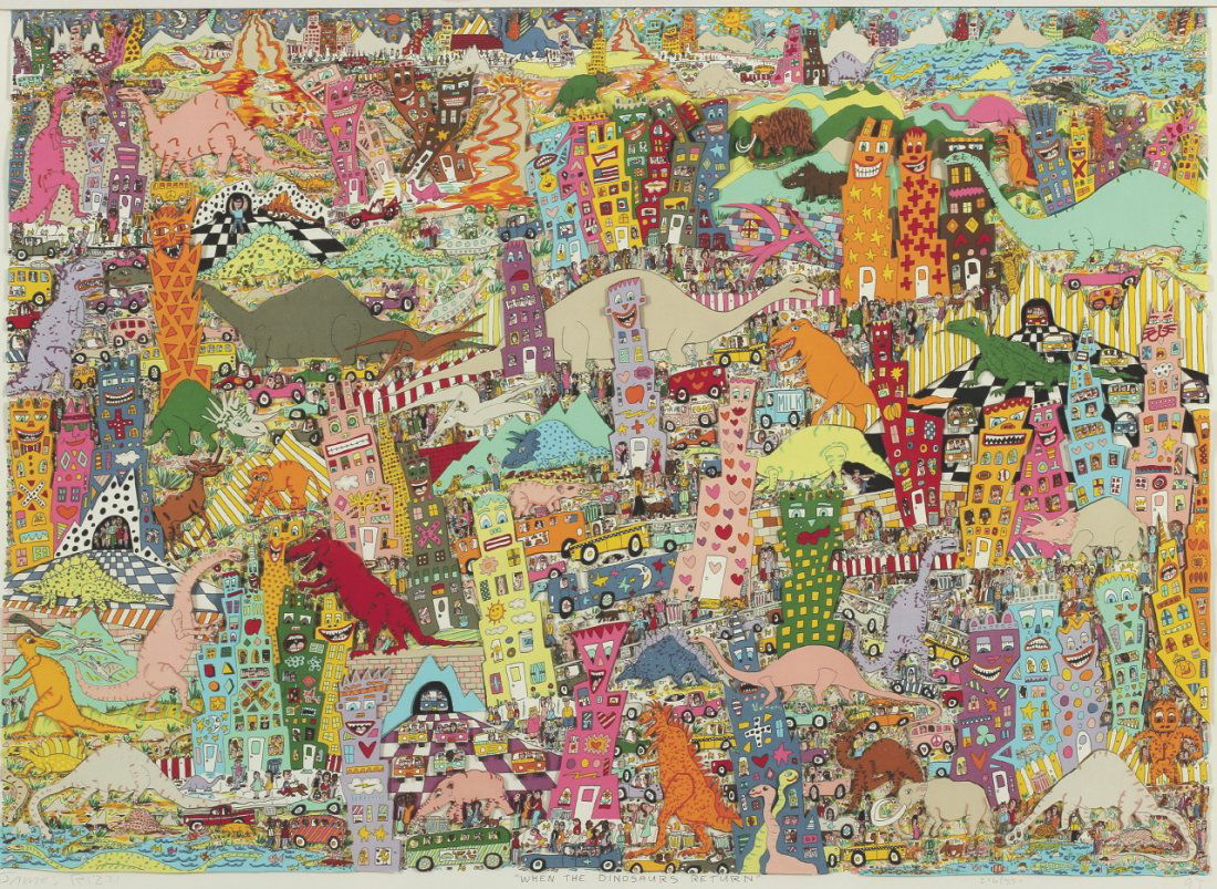 James Rizzi: James Rizzi 1950 New York - 2011 New York - 'When the dinosaurs return' - 3D Konstruktion. 216/350. 66 x 92 cm (Darstellungsmaß). Sign. l. u.: JAMES RIZZI. Betit. M. u.: 'WHEN THE DINOSAURS RETURN'.