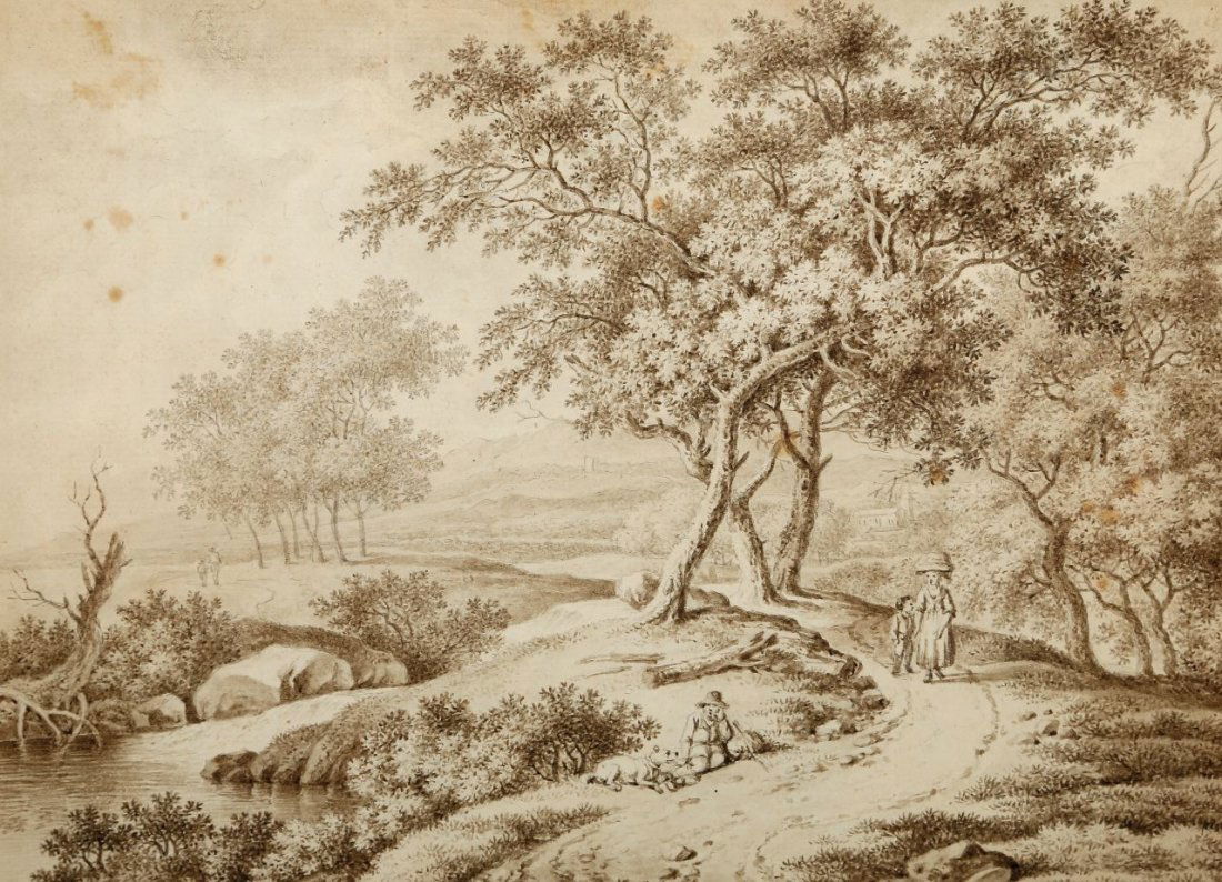 Ferdinand Kobell 1740 Mannheim - 1799 München - Pers: Ferdinand Kobell 1740 Mannheim - 1799 München - Personen am Flusslauf - Tusche/Papier. 20,5 x 27,5 cm. Sign. u.: F. Kobell. Unter Glas im Passepartout mit freiliegenden Blattkanten gerahmt. Verso mit