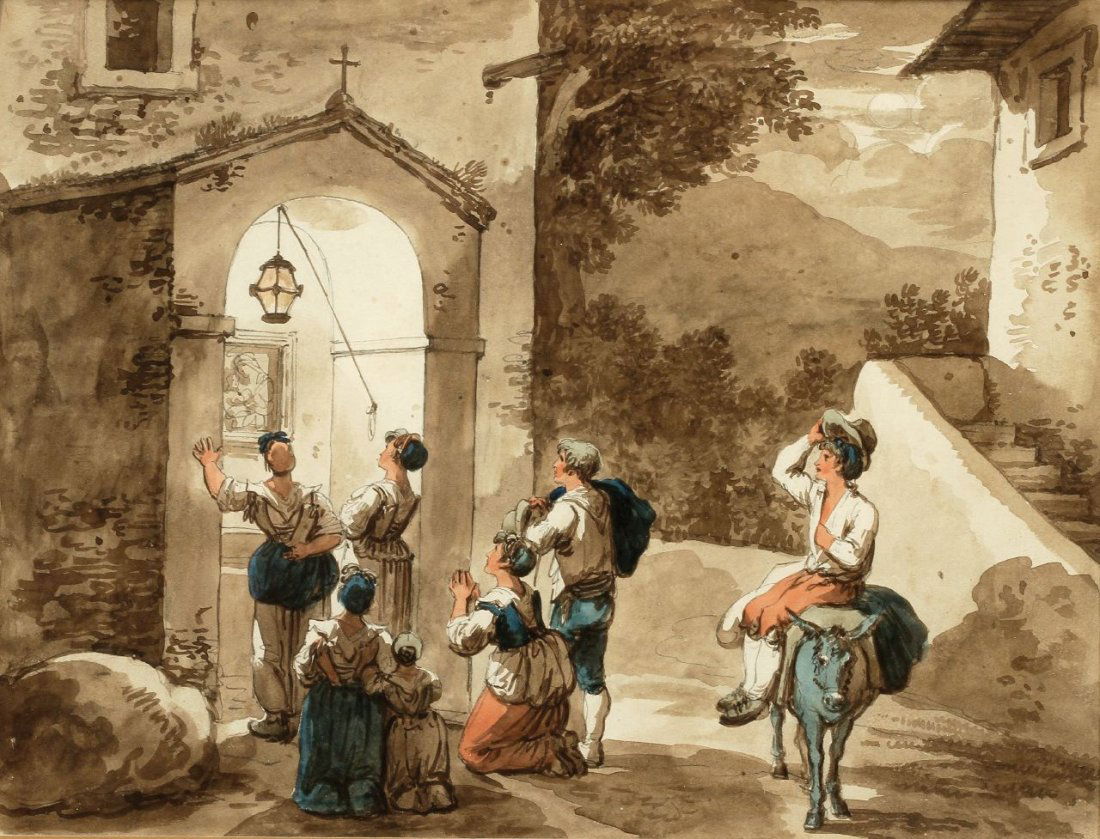 Bartolomeo Pinelli 1781 Rom - 1835 Rom nach - 'Le: Bartolomeo Pinelli 1781 Rom - 1835 Rom nach - 'Le Litanei a Tivoli' - Aquarell/Papier. 25 x 32 cm. Unter Glas im Passepartout gerahmt. Ungeöffnet. Das Aquarell ist nach dem gleichnamigen Stich Pinell