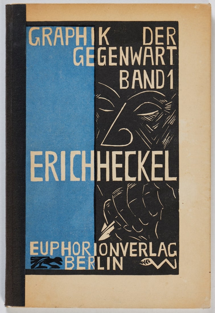 Erich Heckel. Graphik der Gegenwart, Band 1: Erich HeckelGraphik der Gegenwart, Band 1. Berlin, Euphotion Verlag 1931. Hln. Mit 5 Orig.-Holzschnitten (2 doppelblattgr. Orig-Farbholzschn. auf Vor- u. Nachsatz, Front. u. Vignette in sw sowie farb.