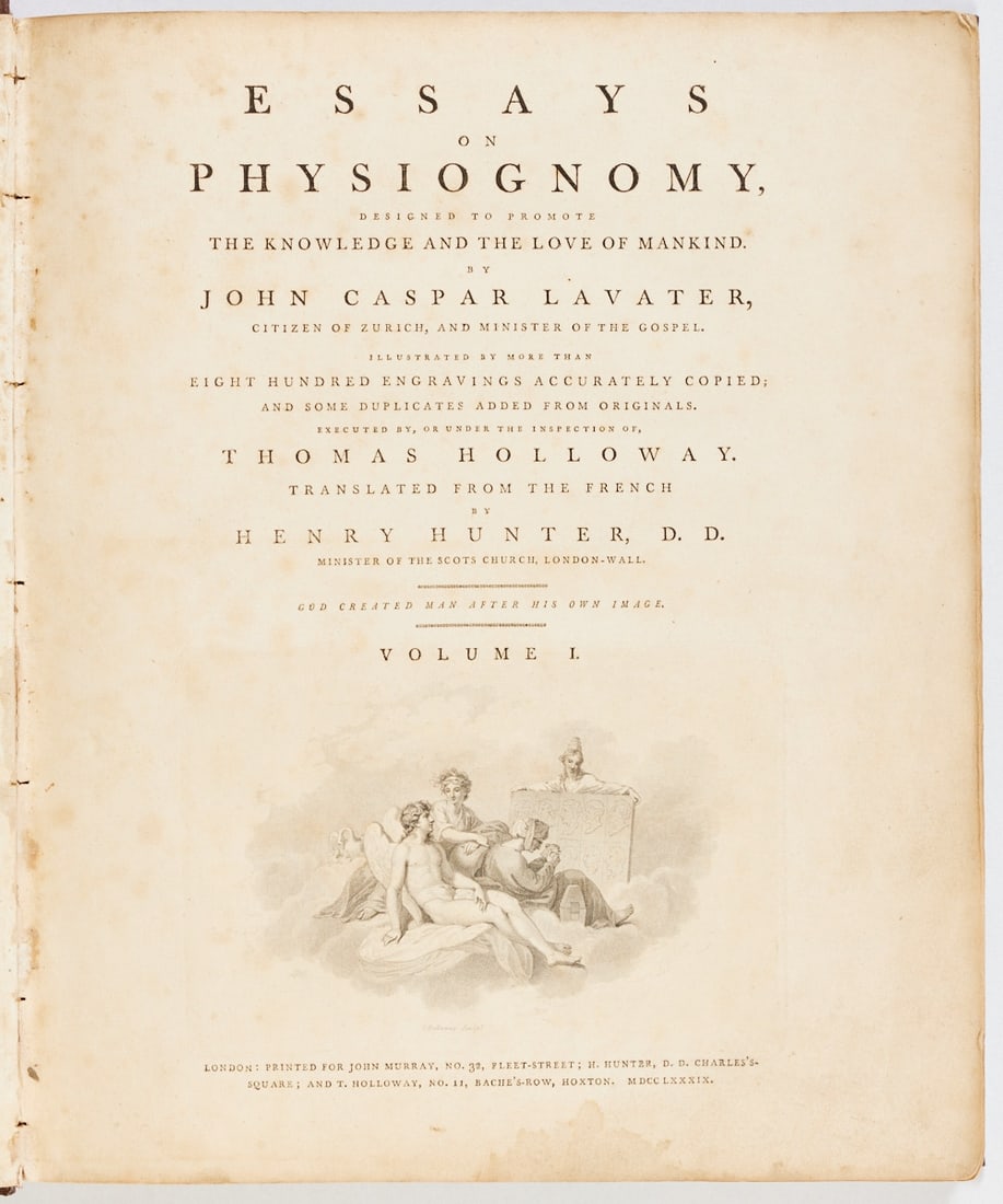 John Caspar Lavater. Eßays on Physiognomy, Vol. 1: John Caspar Lavater- “Eßays on Physiognomy“ Volume I. - London, John Murray 1789. Neue Bindung. Marmorierter Pappbd. m. verm. original Lederresten a. Rücken, marmorierter dreifac