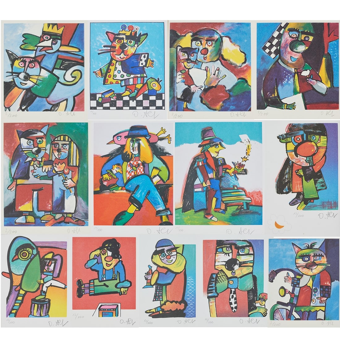 Otmar Alt: Otmar Alt1940 Wernigerode - lebt und arbeitet bei Hamm Konvolut aus 13 Farboffsets - Figuren mit Kater und Clowns - 13 Farboffsets/Papier. Je ca. 13 x 12 cm. Je sign. Alle unter Glas gerahmt. Alt stud