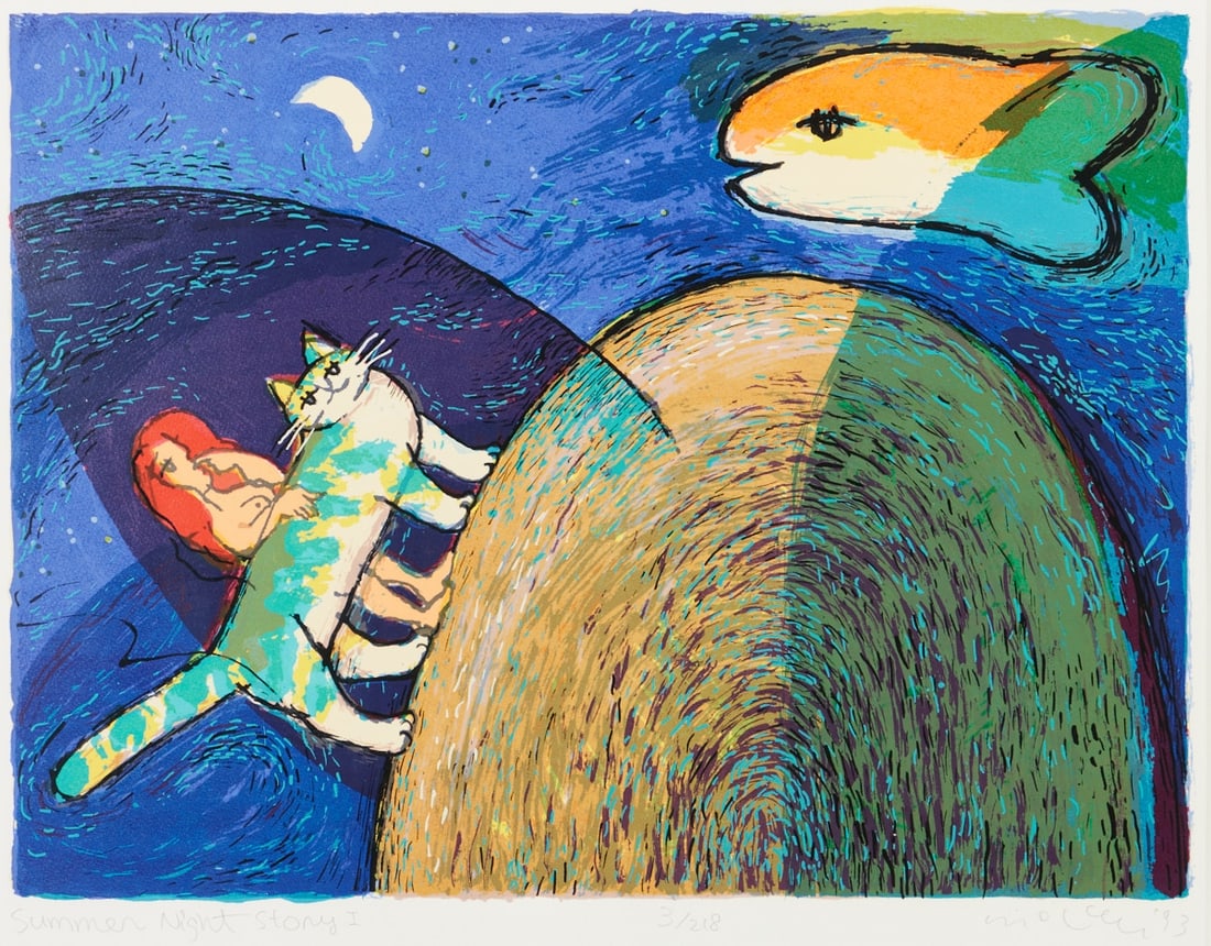 Michael Leu: Michael Leu1951 Taipeh - “Summer Night Story I“ - Farbserigrafie/Papier. 3/218. 45,5 x 61 cm. 49,4 x 62,8 cm (Paßepartoutaußchnitt). Sign. u. dat. r. u.: Michael Leu (19)93. Pa&#