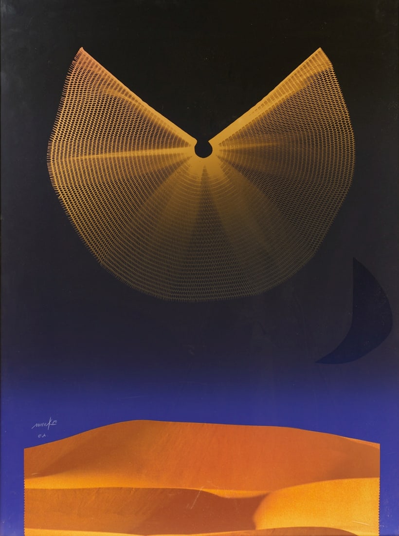 Heinz Mack: Heinz Mack1931 Lollar - lebt in Mönchengladbach - “Die Nacht der Wüste“ - (1981) Farbserigrafie/Karton. EA. 104,5 x 74,3 cm. Sign. u. dat. l. u.: Mack (19)80. Unter Glas gerahmt.
