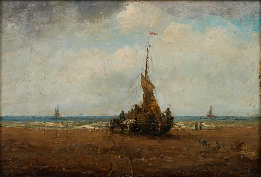 Hendrik Willem Mesdag 1831 Groningen -: Hendrik Willem Mesdag1831 Groningen - 1915 Haag attr. - “Off the north Sea“ - Öl/Holz. 25,3 x 35,8 cm. Verso auf Etikett bez. Ziehrrahmen. Farbverluste an den Rändern. Krakelees.