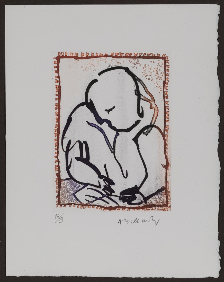 Pierre Alechinsky: Pierre Alechinsky1927 Bruessel - lebt und arbeitet in Bouvigal - Ohne Titel - Farbige Aquatintaradierung/Papier. 74/99. 15,8 x 11,5 cm, 26,7 x 21 cm. Passepartout. Sign. r. u.: Alechinsky. Voll ansich