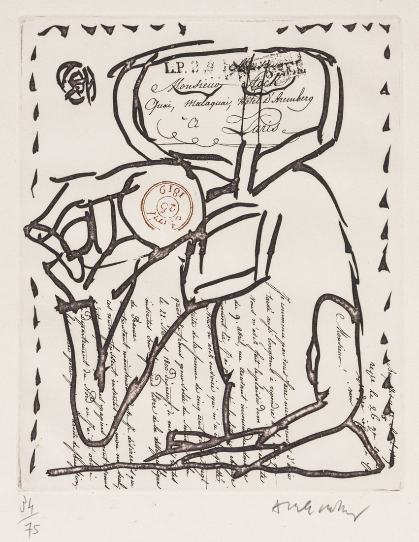 Pierre Alechinsky: Pierre Alechinsky1927 Bruessel - lebt und arbeitet in Bouvigal - "Ouverture et finale" - Aquatintaradierung/Papier. 34/75. 24,6 x 20 cm, 50,5 x 39,3 cm, 56 x 44 cm (Mass m. Rahmen). Sign. r. u.: Alech