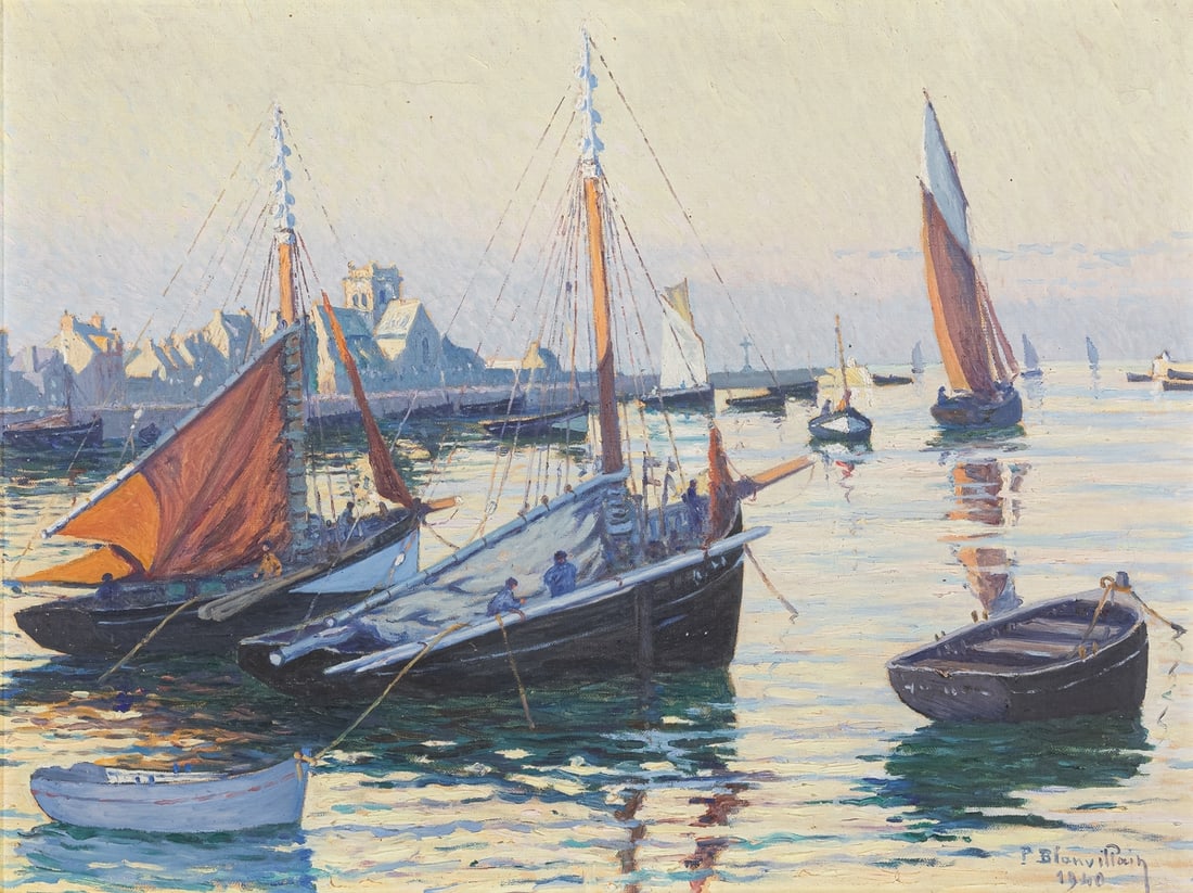 Paul Blaunvillain: Paul Blanvillain1891 Barfleur - 1965 Barfleur - Der Hafen von Barfleur - (1940) Oel/Lwd. 46,3 x 61 cm. Sign. u. dat. r. u.: P. Blanvillain. 1940. Rahmen. Paoul Blaunvillain war ein Maler des Va de Sai