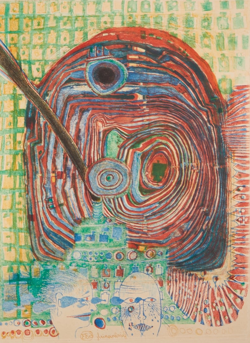 Friedensreich Hundertwasser: Friedensreich Hundertwasser1928 Wien - 2000 an Bord der Queen Elizabeth II - "Seereise" - (1967) Farbradierung/Papier (Einzelblatt aus dem Buch "Paroles peintes" (7 po?tes accompagn?s de 7 peintres) z