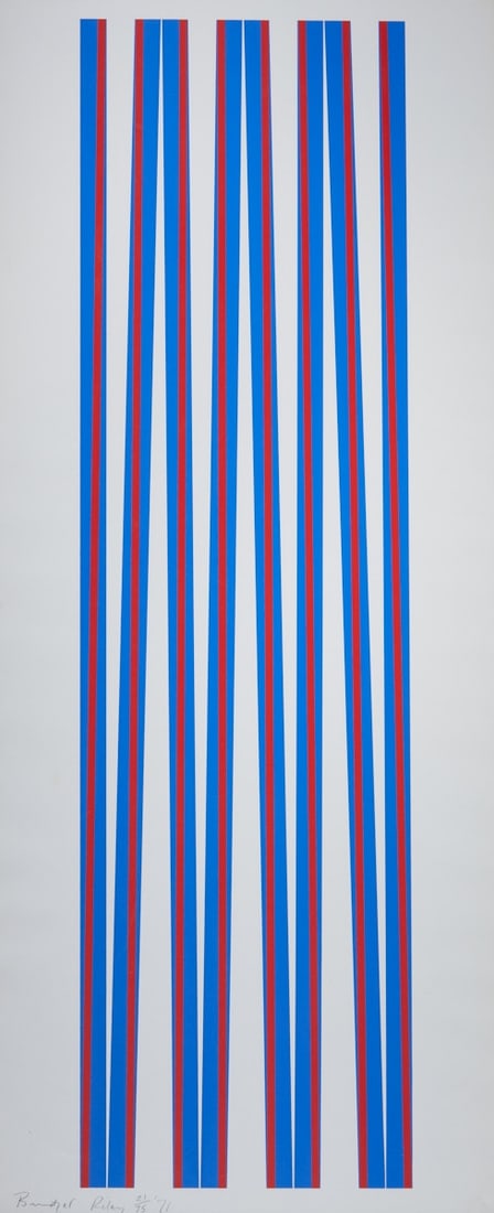 Bridget Riley: Bridget Riley1931 London - lebt in London, Cornwall und im D?partement Vaucluse - Untitled (Elongated Triangles 1) - (1971) Farbserigrafie/Papier. 21/75. 96,5 x 27,5 cm, 101,5 x 42 cm (Sichtmass). 102