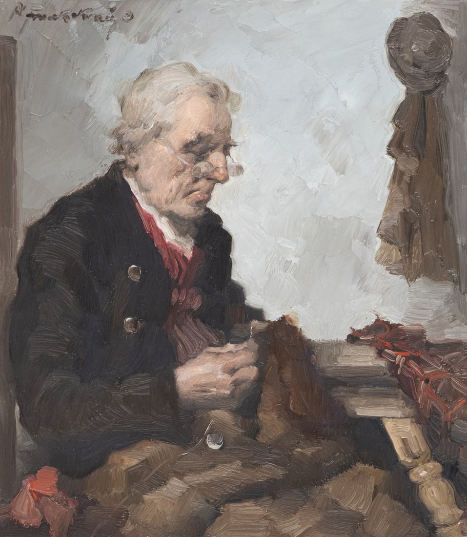 Robert Frank-Krauss: Robert Frank-Krauss1893 Fuerth - 1950 Muenchen - Schneider bei der Arbeit - Oel/Holz. 18 x 16 cm (Gesamtmass). Sign. l. o.: R. Frank-Krauss.