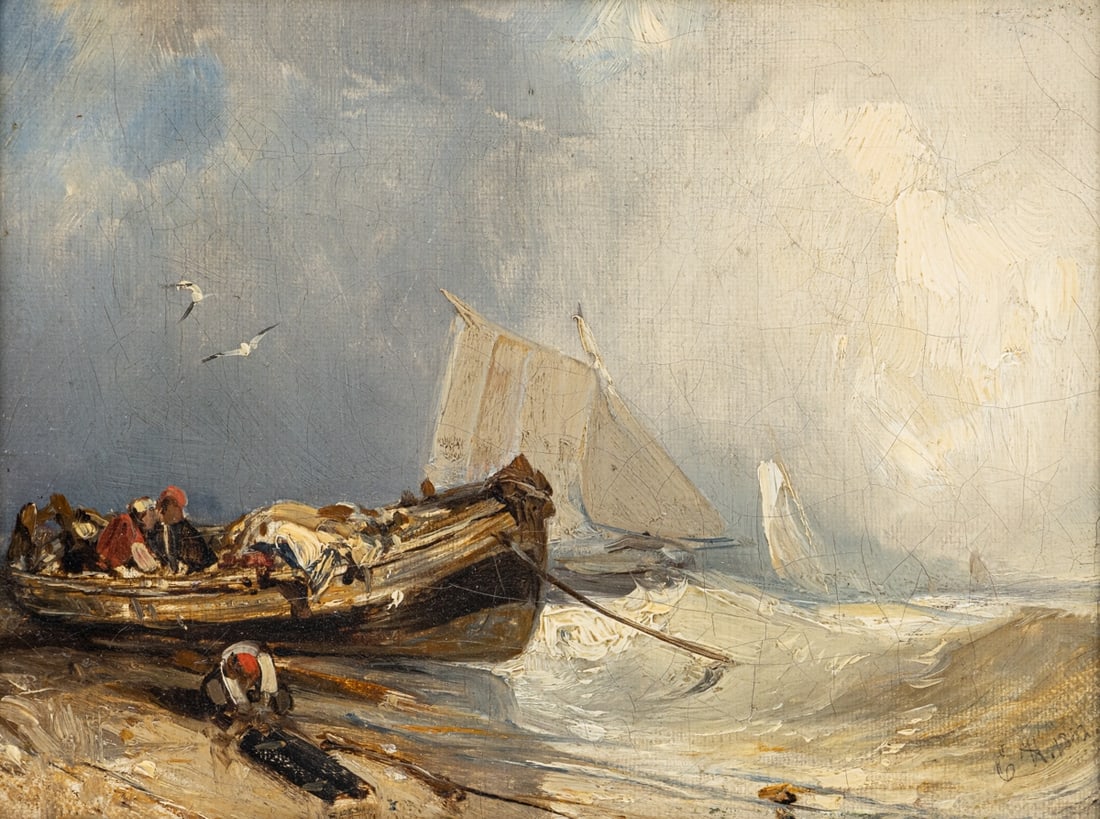 Charles Hoguet: Charles Hoguet1821 Berlin - 1870 Berlin - Fischerboot an der Kueste bei unruhiger See - (1842?) Oel/Lwd. Doubl. 16,3 x 22 cm. 22 x 27 cm (Gesamtmass mit Rahmen). Monogr. und undeutl. dat. r. u.: C. H.