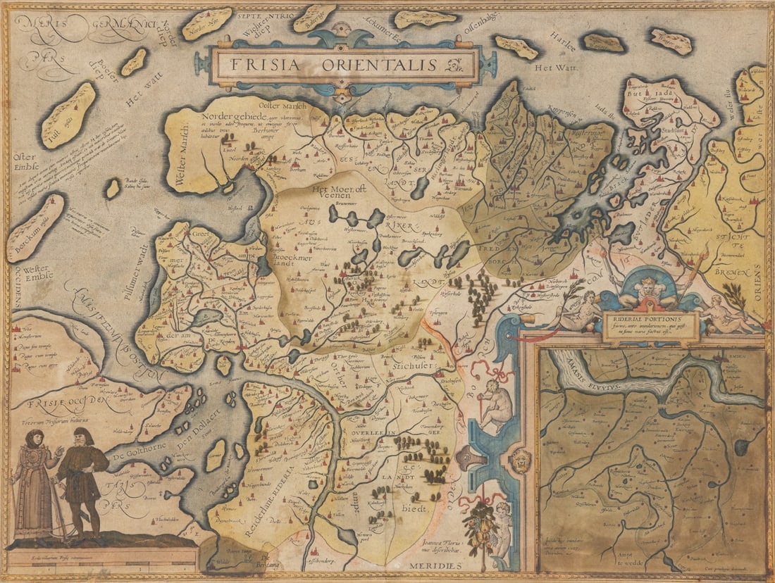 Abraham Ortelius: Abraham Ortelius1527 Antwerpen - 1598 Antwerpen - "Frisia Orientalis" - (1580) Handkol. Kupferstich/Papier. 37,5 x 50 cm, 38 x 50,4 cm, 54,5 x 66,4 cm (Mass m. Rahmen). Betit. m. o.: FRISIA ORIENTALIS