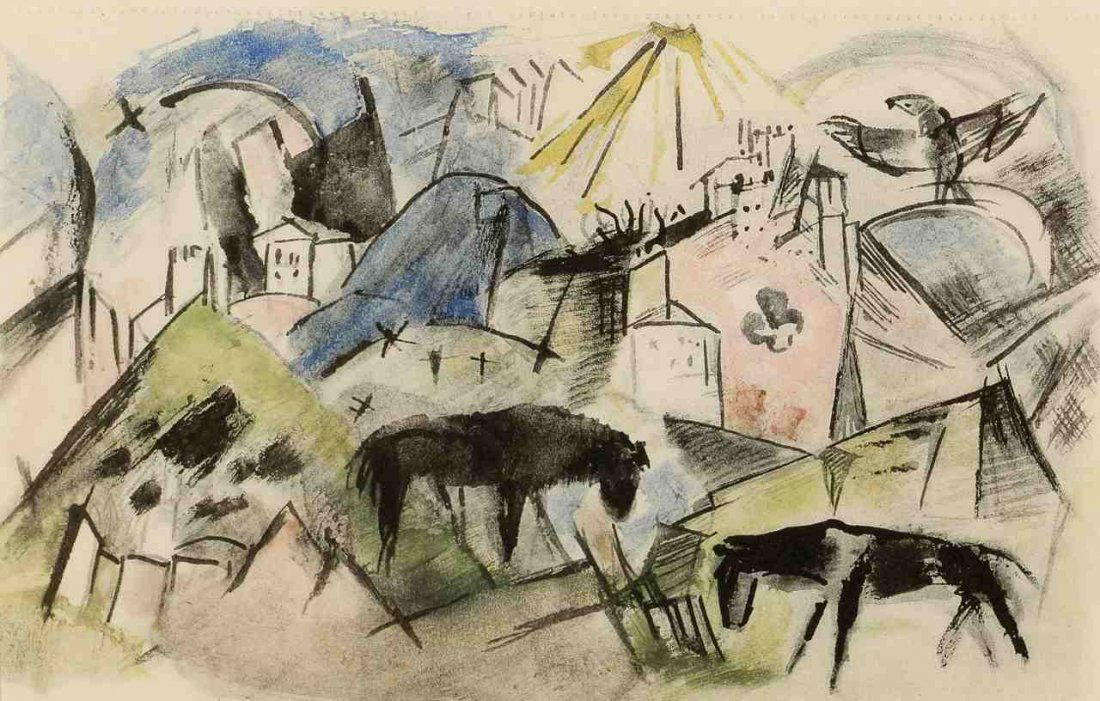 Franz Marc 1880 München - 1916 Braquis bei Verdun: Franz Marc 1880 München - 1916 Braquis bei Verdun nach - Das arme Land Tirol - Lichtdruck/Papier. 12,5 x 19,3 cm (Passepartoutausschnitt). Passepartout. Unter Glas gerahmt. Das Blatt stammt aus d