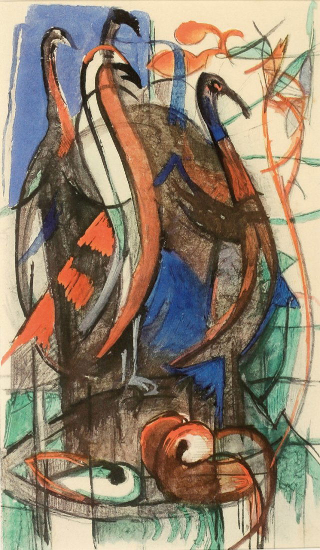 Franz Marc 1880 München - 1916 Braquis bei Verdun: Franz Marc 1880 München - 1916 Braquis bei Verdun nach - aus: Sechzehn farbige Handzeichnungen - Lichtdruck/Papier. 16,7 x 10 cm (Passepartoutausschnitt). Passepartout. Unter Glas gerahmt. Das Bl