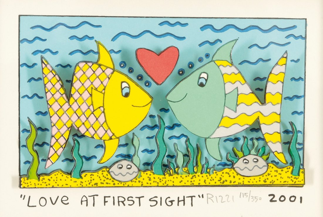 James Rizzi 1950 New York - 2011 New York - 'Love at fi: James Rizzi 1950 New York - 2011 New York - 'Love at first sight' - 3D-Farblithografie. 115/350. 8,5 x 14,2 cm (Darstellungsma ß). Sign. r. u.: Rizzi. Im Druck betit. und dat.: Love at first sigh