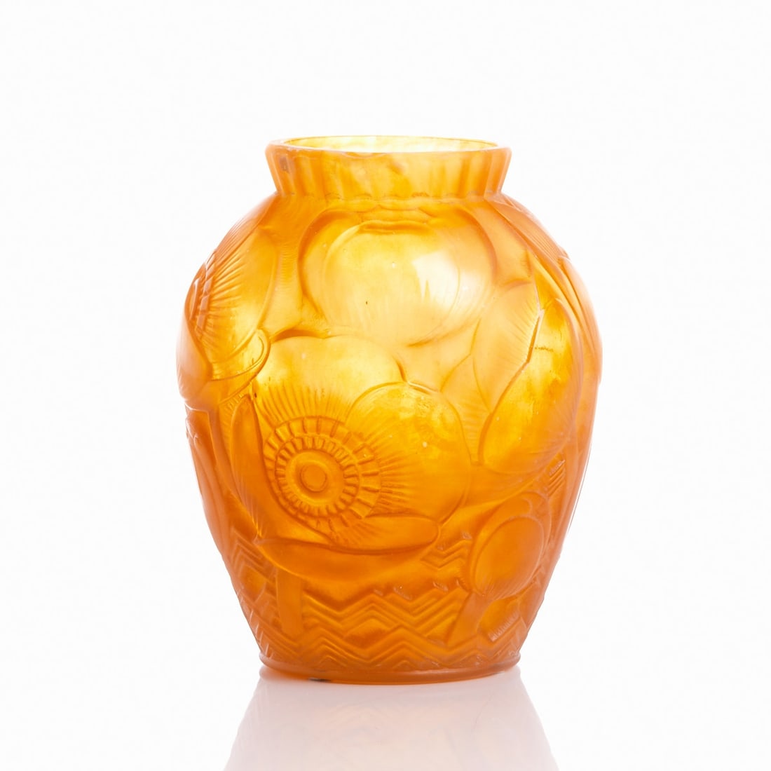 Vase - Lotus Flowers. Pierre d'Avesn, Croismare, France around 1930.: Vase - Lotus Flowers Pierre d'Avesn, Croismare, France around 1930. Orange pressed glass, wall with all-around relief-plastic stylized floral and leaf decor. Frosted surface, the raised parts polished