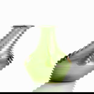 Vase Vesuvian. Johann Lötz Wwe., Klostermühle 1901.: Vase Vesuvian Johann Lötz Wwe., Klostermühle 1901. Green glass (creta) with four fused, green (creta) drops running downwards. Body indented four times. Iridescent surface. Ground pontil mark. H. 16