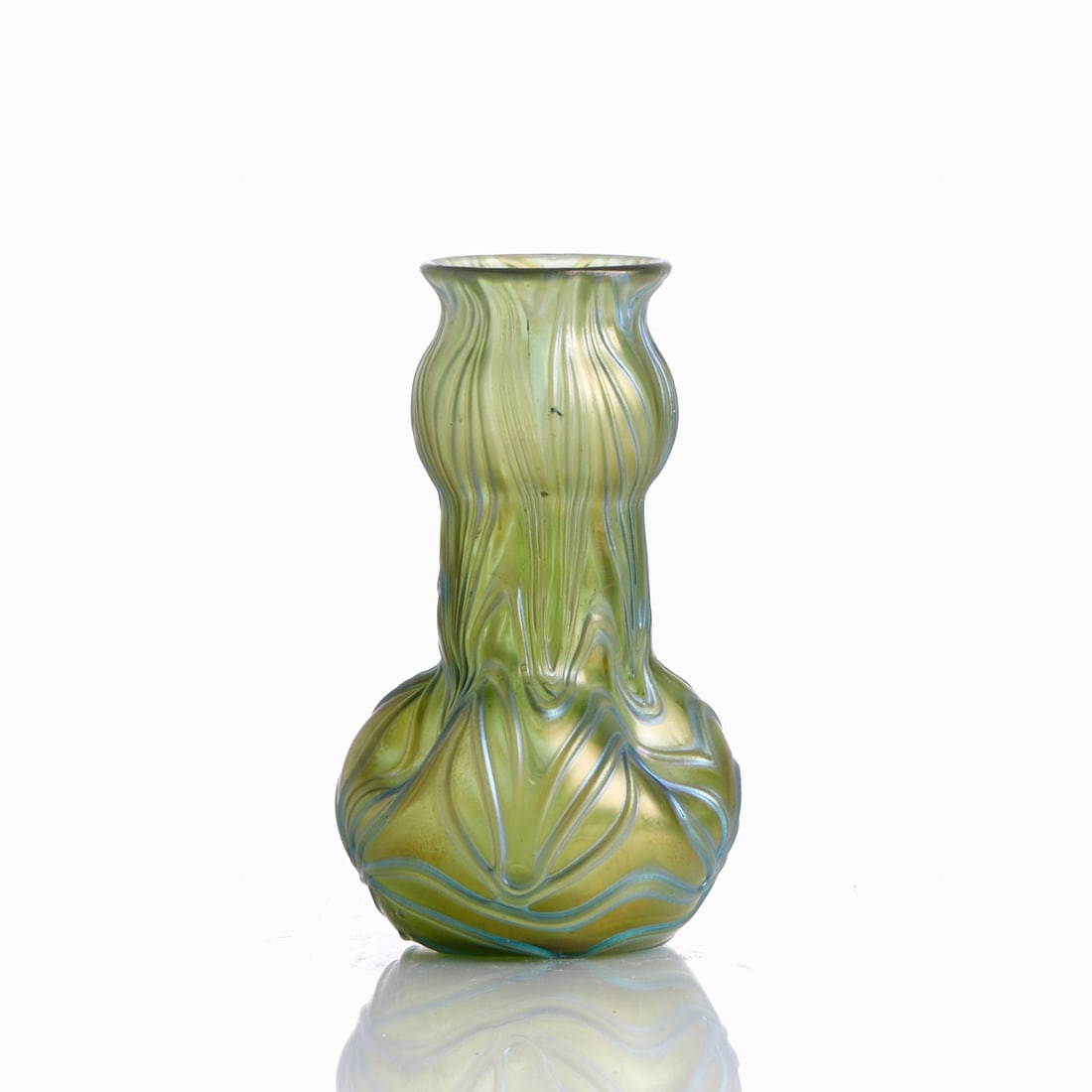 Small vase - Crete with Festoons. Johann Loetz Wwe., Klostermühle, around 1901.: Small vase - Crete with Festoons Johann Loetz Wwe., Klostermühle, around 1901. Green glass, spun with distorted bands with a relief surface. Form pressed three times, blown into the mold. Matt irides