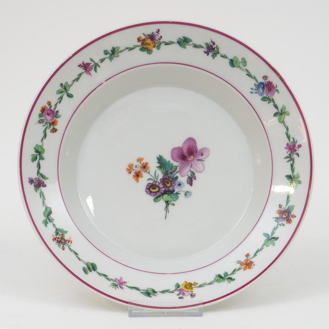 Soup plate with royal monogram - Floral painting and purple rim, Royal Porcelain Manufactory (KPM),: Soup plate with royal monogram - Floral painting and purple rim Royal Porcelain Manufactory (KPM), Berlin 1849-1870. Porcelain, white, glazed. Polychrome painted. Purple rim. Underglaze blue scepter a