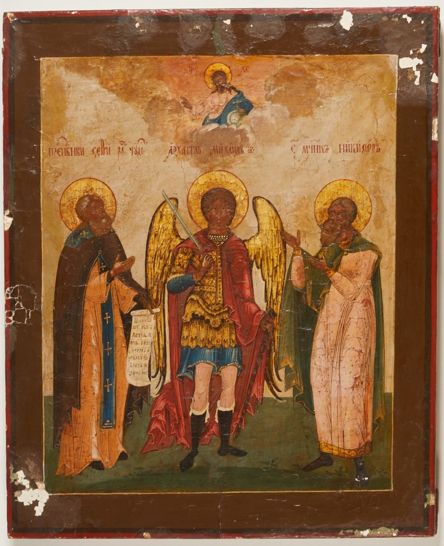 Icon: Icon Russia, 19th century. - St. Sergius of Radonezh, Archangel Michael and Nikephoros of Antioch - Egg tempera on gesso ground, wood, 45 x 37.5 cm. A cross-bar each at the upper and lower edges, craq