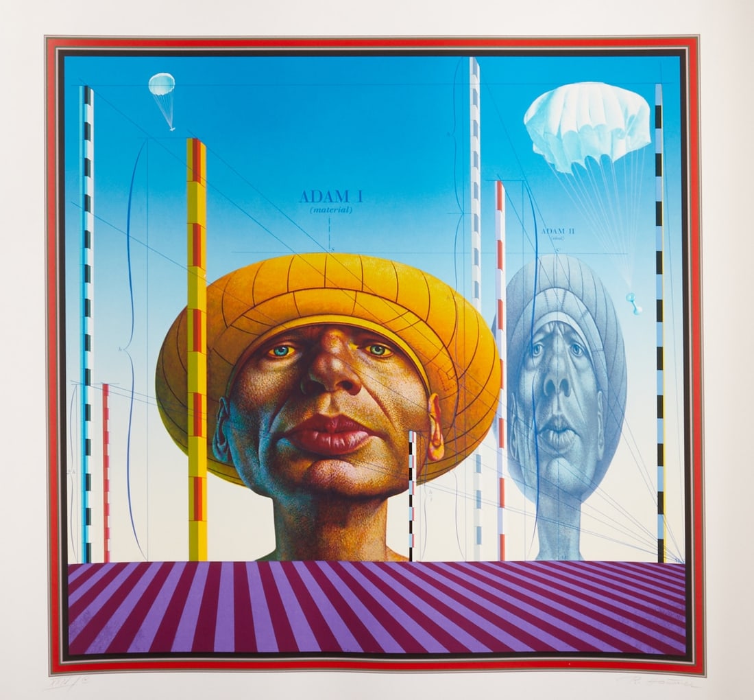 Rudolf Hausner: Rudolf Hausner 1914 Vienna - 1995 Mödling - "Adam to scale I" - Color silkscreen/paper. XXN/C. 53.5 x 55.5 cm, 71 x 79.5 cm. Signed lower right: R. Hausner. The sheet is loose. Hausner