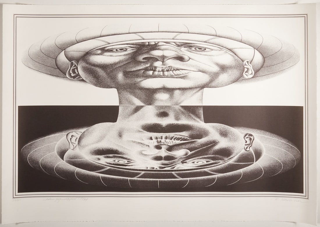 Rudolf Hausner: Rudolf Hausner 1914 Vienna - 1995 Mödling - "Adam in Contrast" - (1971) Lithograph/paper. 34/60. 58 x 93 cm, 68.4 x 99.8 cm. Signed lower right: R. Hausner. Titled and dated lower left: