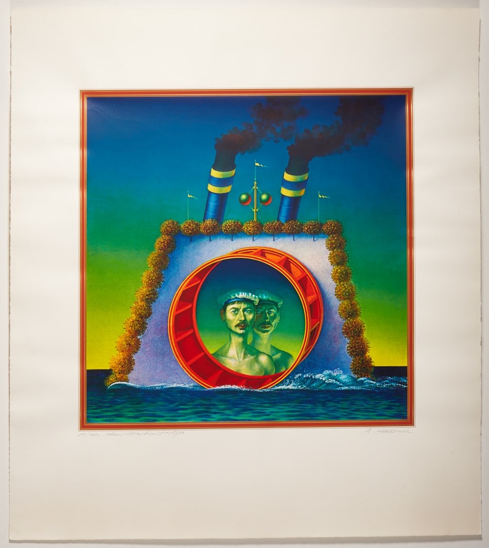 Rudolf Hausner: Rudolf Hausner 1914 Vienna - 1995 Mödling - "Adam Maschinist" - (1974) Color serigraph/paper. 14/400. 51.3 x 50.5 cm, 79.5 x 70.5 cm. Signed lower right: R. Hausner. Titled and dated lo