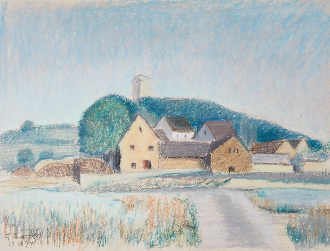 Gerhard Marcks: Gerhard Marcks 1889 Berlin - 1981 Cologne - Landscape with Houses - (1977). Oil pastel crayons/paper. 32 x 42 cm (passe-partout cutout). 52 x 61 cm (dimensions with frame). Signed and dated lower left