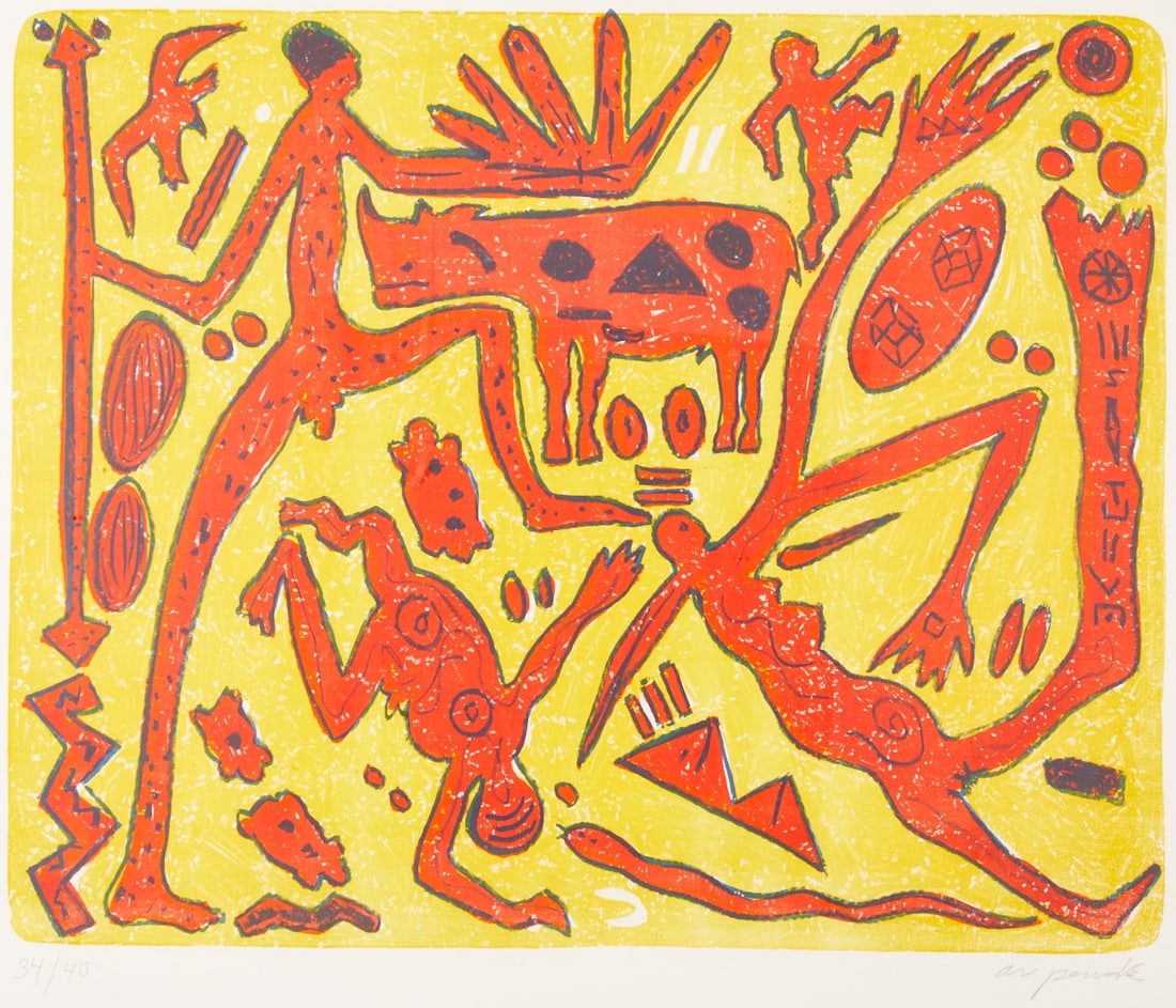 A. R. Penck: A. R. Penck 1939 Dresden - 2017 Zurich (i.e. Ralf Winkler) - "The Red Airplane" - (1985) color lithograph/paper. 34/40. 48 x 59.5 cm, 58 x 74.5 cm, 63.3 x 79.8 cm (dimensions with frame). Si