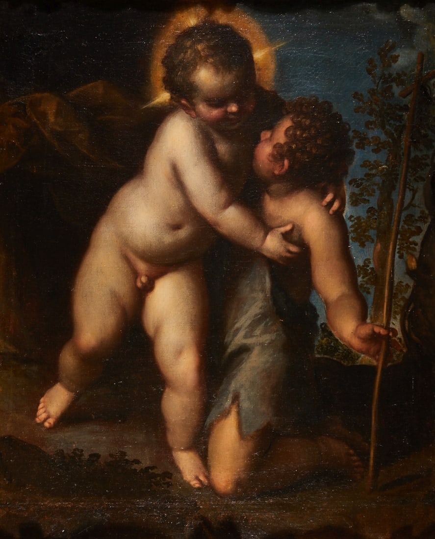 Jacopo Palma the Younger, attributed: Jacopo Palma the Younger (Jacopo Palma il Giovane) circa 1548 Venice - 1628 Venice, attributed - The Christ Child with Saint John the Baptist as a boy - Oil/canvas. Doubled. 86 x 70.5 cm. 120 x 104 cm