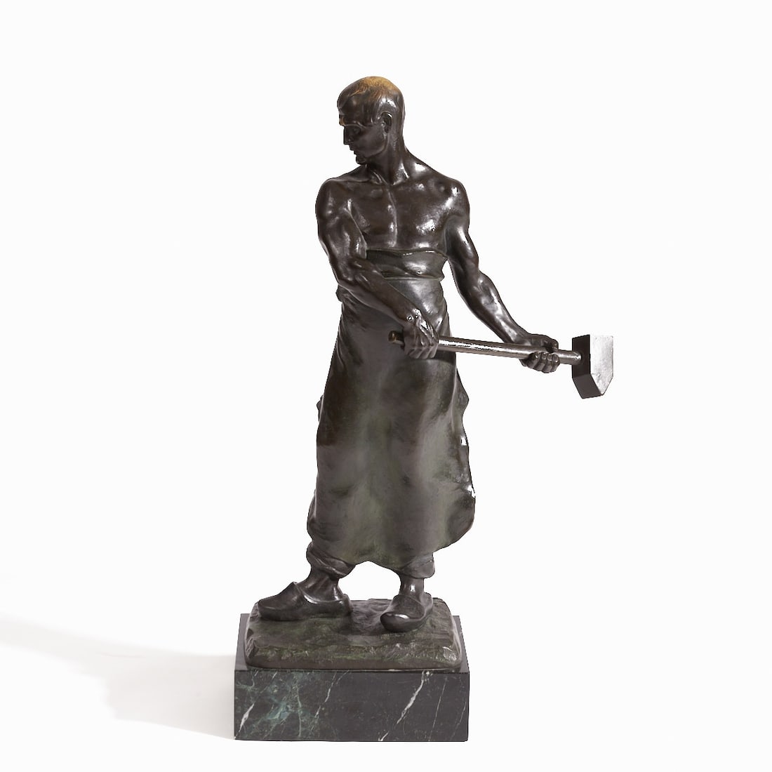 Franz Iffland: Franz Iffland 1862 Tempelhof - 1935 Berlin - Blacksmith with hammer - Bronze. Brown patina. Marble. H. 79/89 cm. Signed on the plinth: Iffland. Worn. - Lit.: Th.-B. VIII, p. 549. Well-known Berlin scu