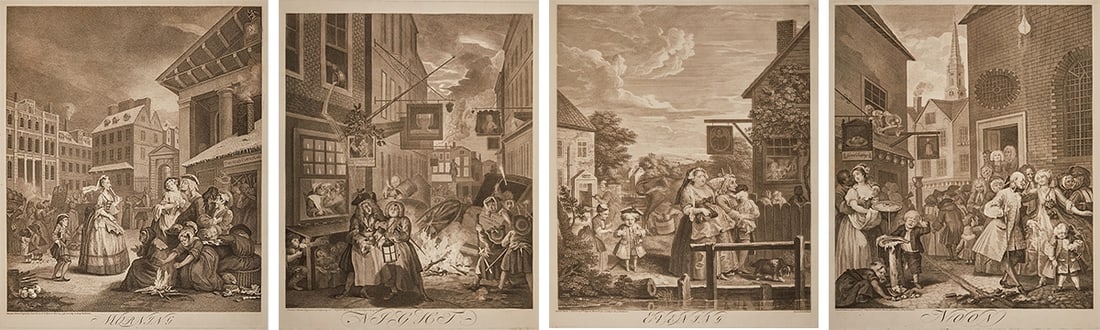 William Hogarth: William Hogarth 1697 - 1764 London - The Four Times of Day - (1738) 4 copper engravings/paper. 49 x 40 cm (plate size), 63.5 x 48 cm (sheet size), 70 x 55 cm (size with passepartout). All inscribed, d