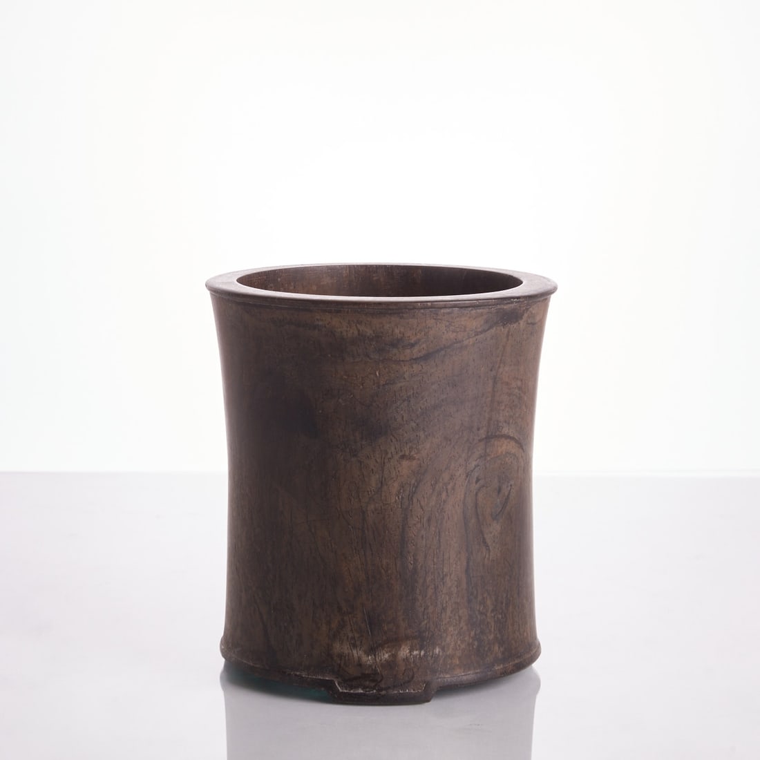 Cylindrical Ming-style wooden brush pot on three short feet (1 of 2)