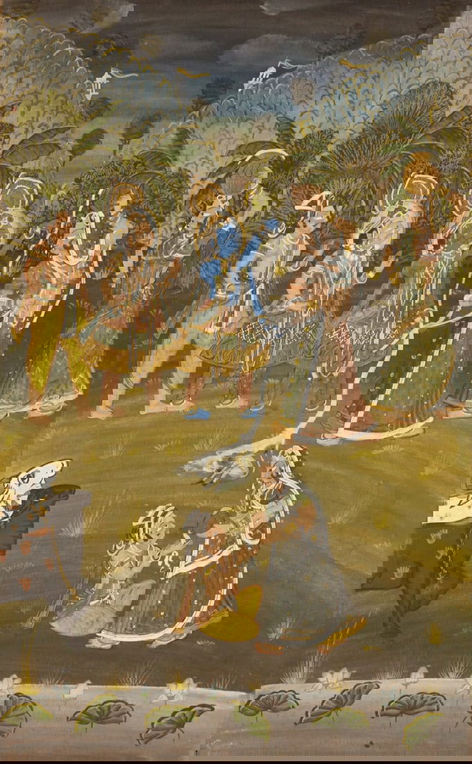 Indian Pichhwai Painting with Krishna and Balarama: Indian Pichhwai Painting with Krishna and Balarama India, probably 19th - 20th century. Cotton, presumably opaque water-based pigments. Image size: 120 × 77 cm. Wooden frame: 129 × 86 cm.