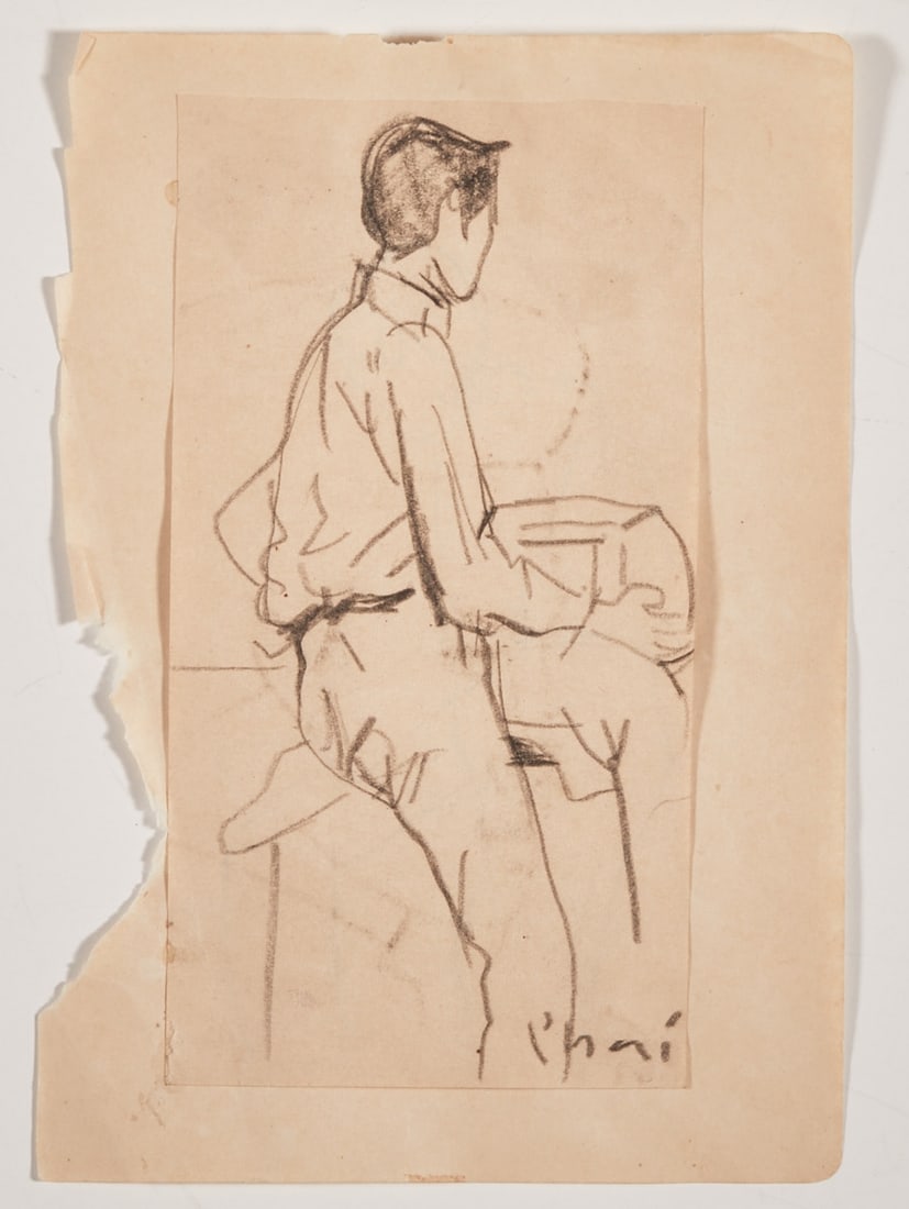 A sketch by Bùi Xuân Phái: A sketch by Bùi Xuân Phái Vietnam, 1920-1988. - Sketch of a man's back - Paper, pencil drawing of a male figure. 17.5 × 9.5 cm. Glued onto another paper, total dimensions approx. 20 × 14 cm. Sign
