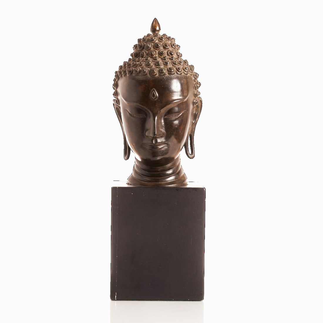Bronze Buddha Head on Wooden Pedestal (1 of 1)