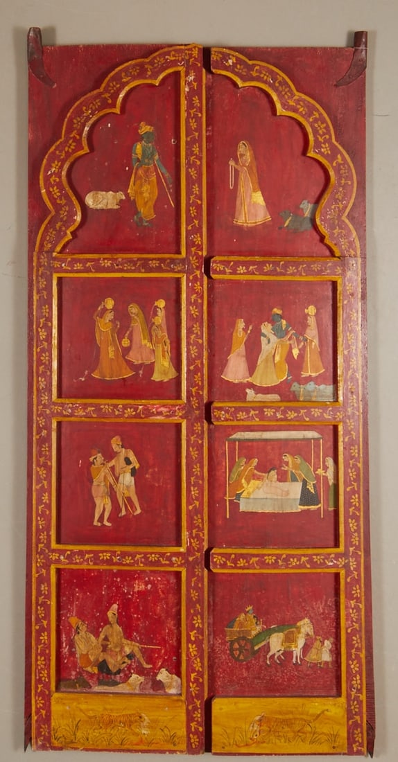 Two-Winged Door with Paintings from the Life of Krishna and His Wives: Two-winged door with paintings from the life of Krishna and his wives. India, probably 19th century. Solid wood, metal. Each wing approx. 185 × 44 × 5 cm. Hand-painted with scenes from the life of K