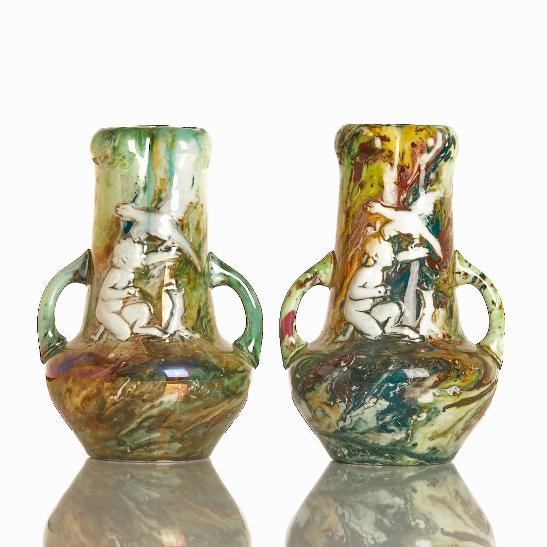 Pair of Art Nouveau Vases in Barbotine Technique - Faun with Bird, probably France or Belgium, circa (1 of 1)