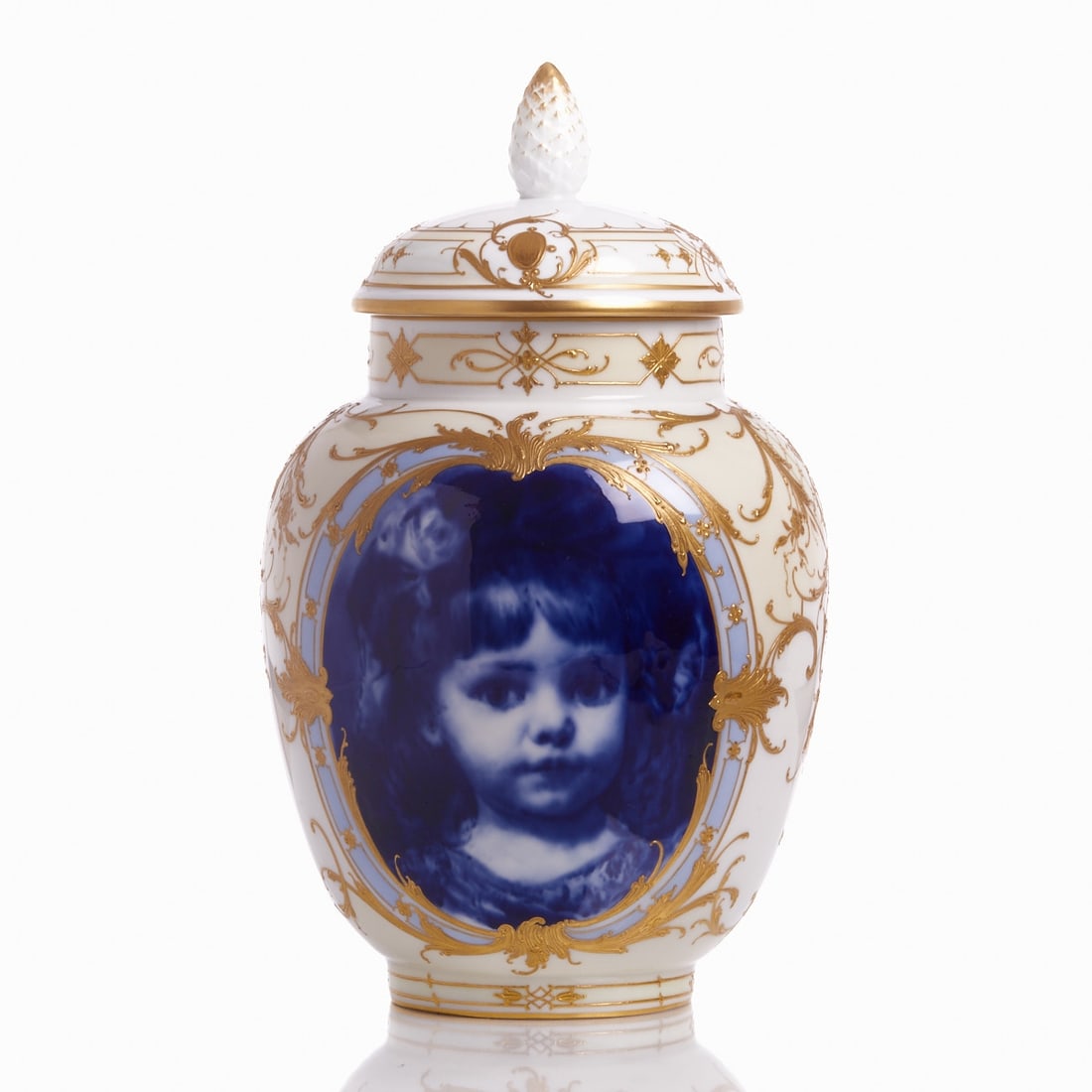Art Nouveau lidded vase with girl's portrait, Königliche Porzellan Manufaktur (KPM), Berlin circa: Art Nouveau lidded vase with girl's portrait Königliche Porzellan Manufaktur (KPM), Berlin circa 1892. Porcelain, white, glazed. Polychrome and gold painted. Blue scepter mark underglaze. Red imp